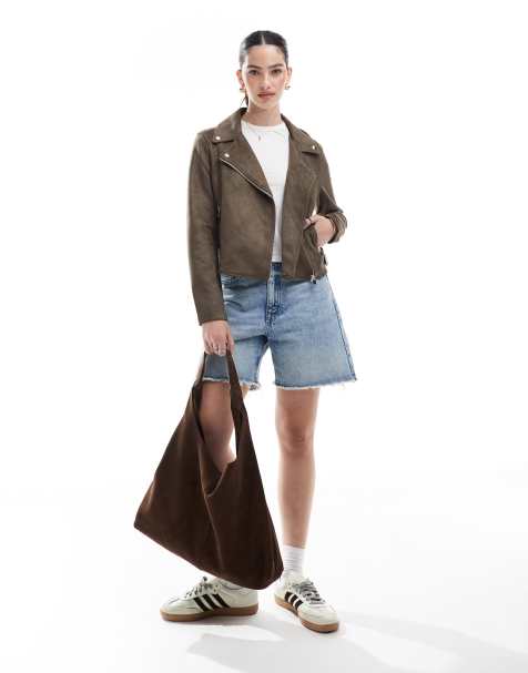 Vero Moda faux leather biker jacket with washed effect in chocolate - view 1