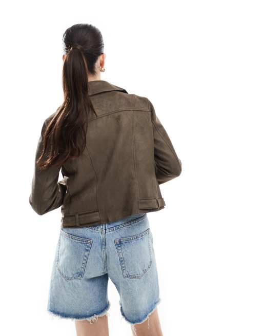Vero Moda faux leather biker jacket with washed effect in chocolate