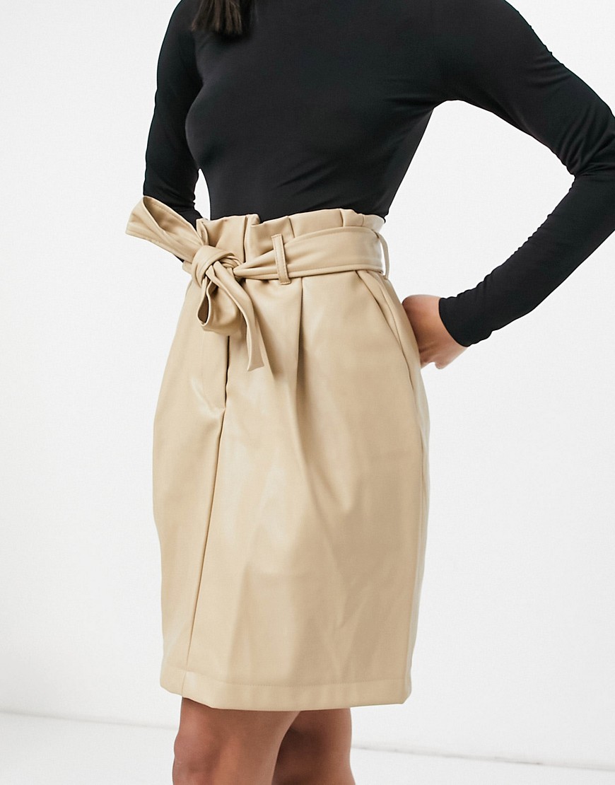Vero Moda faux leather mini skirt with tie waist in cream-White