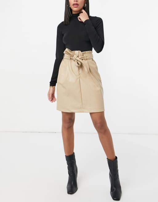 Vero Moda faux leather mini skirt with tie waist in cream