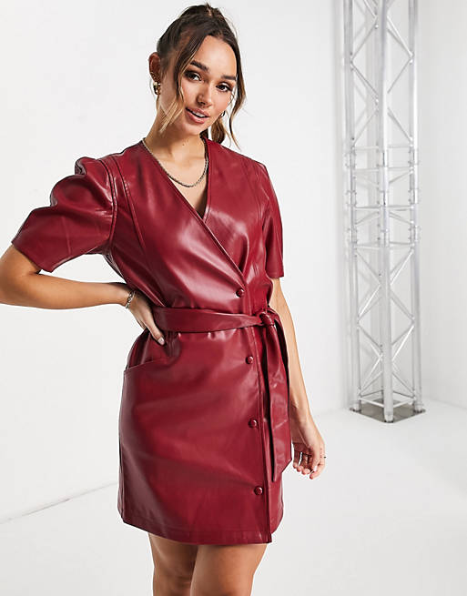 Vero Moda faux leather mini wrap dress with puff sleeve in dark red
