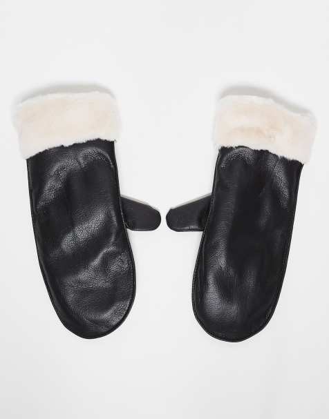 Vero Moda faux leather mittens with faux fur lining in black - view 1