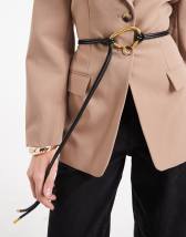 ASOS DESIGN waist and hip loop detail belt in chocolate with gold buckle