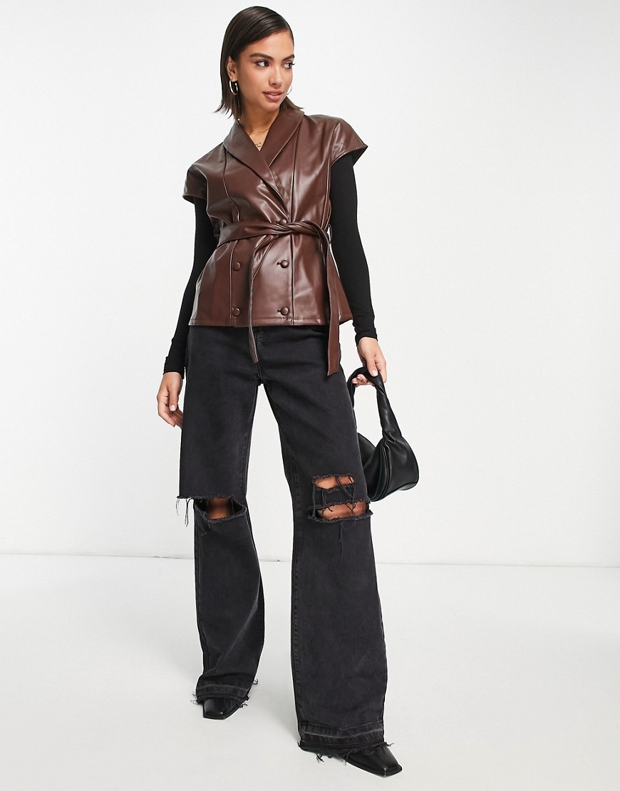 Vero Moda faux leather waistcoat co-ord in brown