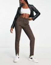 Pieces Petite high waist faux leather pants in brown - ShopStyle