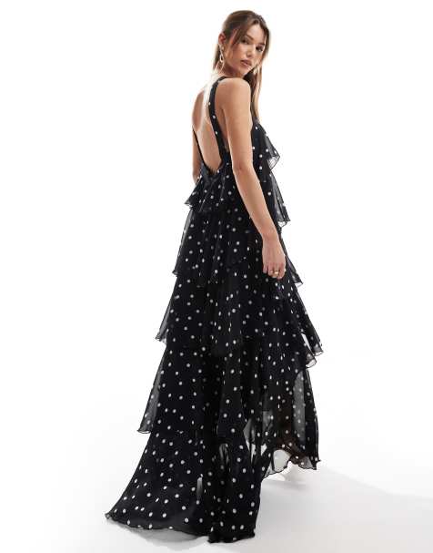 Vero Moda Felicia halter neck tiered maxi dress with corsage detail in black spot print