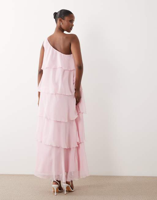 Vero Moda – Felicia – Gestuftes Maxikleid in Hellrosa mit One-Shoulder-Träger und Ansteckblume, 4 von 4