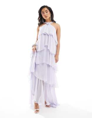 Vero Moda - Felicia - Gestuftes Neckholder-Maxikleid in Flieder mit Ansteckblumendetail-Lila