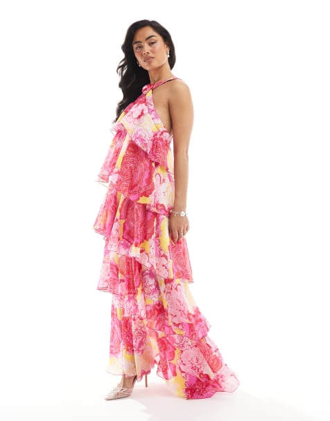 Vero Moda – Felicia – Gestuftes Neckholder-Maxikleid in Fuchsia mit Ansteckblumendetail und Blumenmuster - view 1