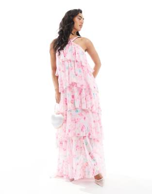 Vero Moda - Felicia - Gestuftes Neckholder-Maxikleid in Rosa mit verschwommenem Blumenmuster und Ansteckblumendetail