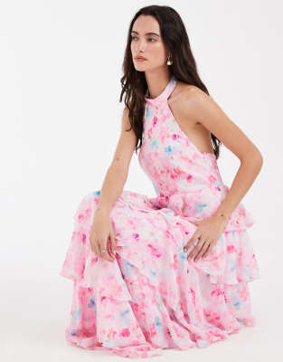 Vero Moda - Felicia - Gestuftes Neckholder-Maxikleid mit Blumenmuster in Rosa und Blau