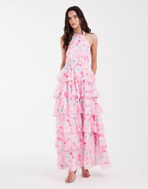 Vero Moda – Felicia – Gestuftes Neckholder-Maxikleid mit Blumenmuster in Rosa und Blau, 2 von 4