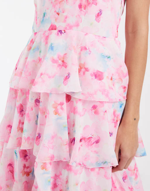 Vero Moda – Felicia – Gestuftes Neckholder-Maxikleid mit Blumenmuster in Rosa und Blau, 3 von 4
