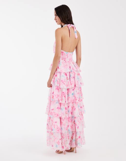 Vero Moda – Felicia – Gestuftes Neckholder-Maxikleid mit Blumenmuster in Rosa und Blau, 4 von 4