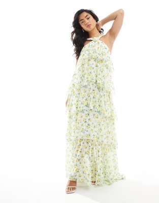 Vero Moda - Felicia - Gestuftes Neckholder-Maxikleid mit Zitronenmuster und Ansteckblumendetail-Gelb