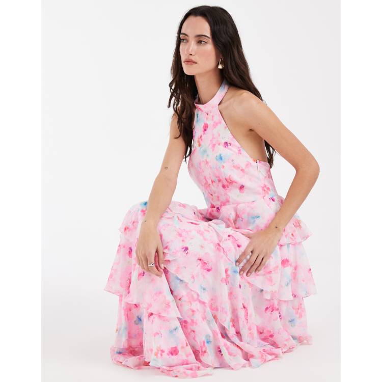 Vero Moda Felicia halter neck tiered maxi dress in pink and blue floral  print | ASOS