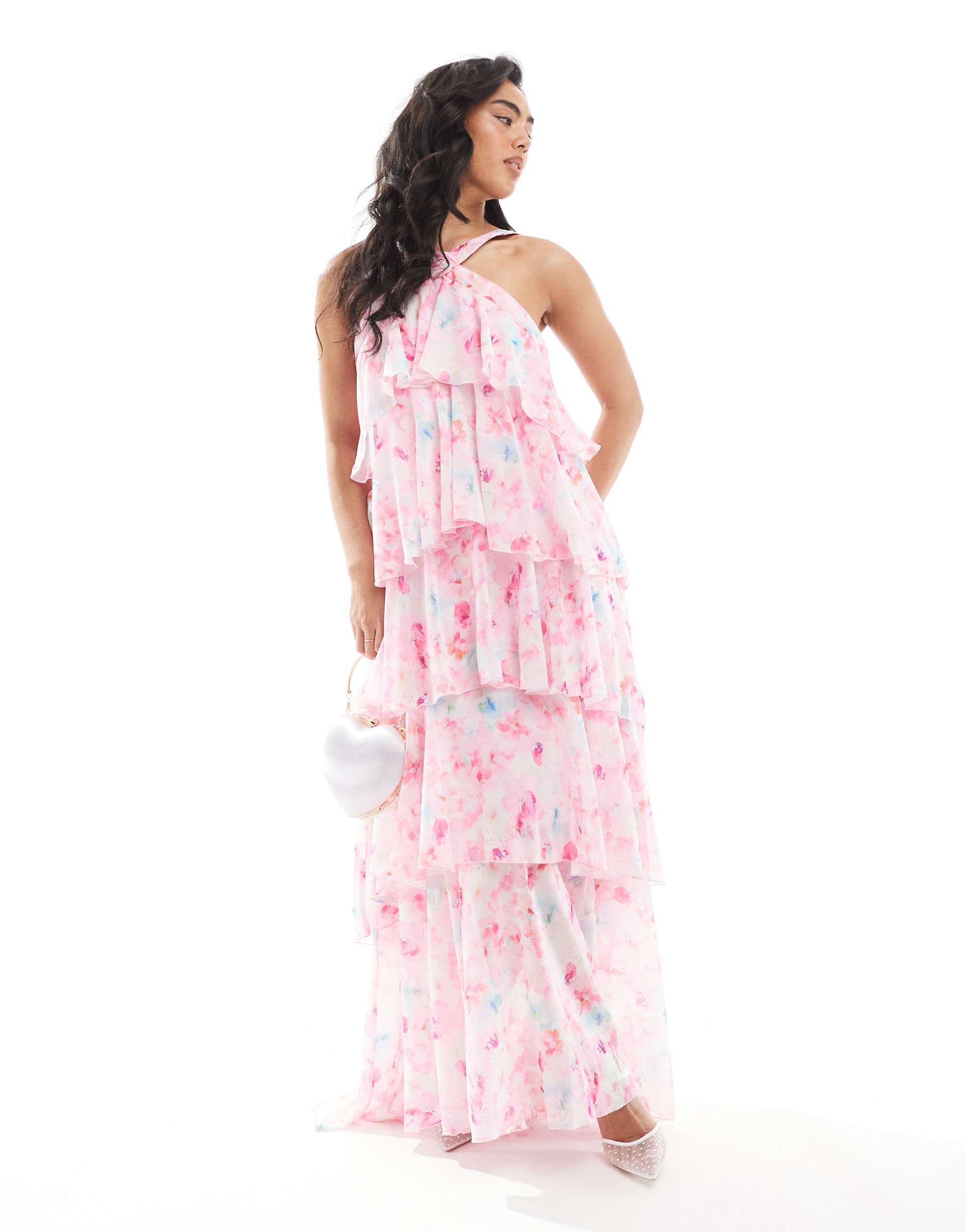 vero moda felicia halter neck tiered maxi dress with corsage detail in blurred pink floral print