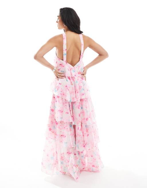 Vero Moda halterneck tiered maxi dress with corsage detail in blurred pink floral print