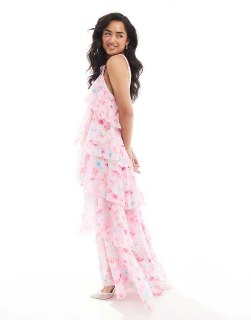 Vero Moda halterneck tiered maxi dress with corsage detail in blurred pink floral print