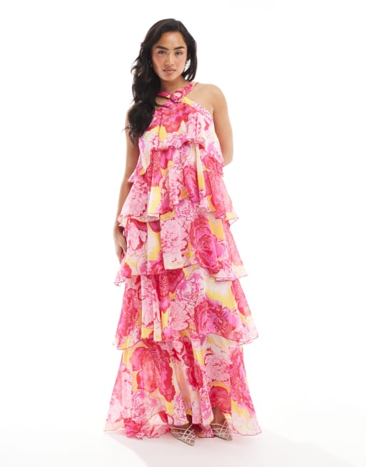 Vero Moda Felicia halter neck tiered maxi dress with corsage