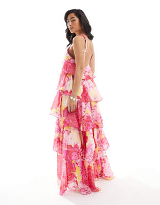 Vero Moda - Felicia - Robe longue dos nu à fleurs avec volants étagés et grosse fleur - Fuchsia