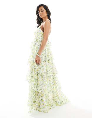 Vero Moda Felicia halter neck tiered maxi dress with corsage detail in lemon print