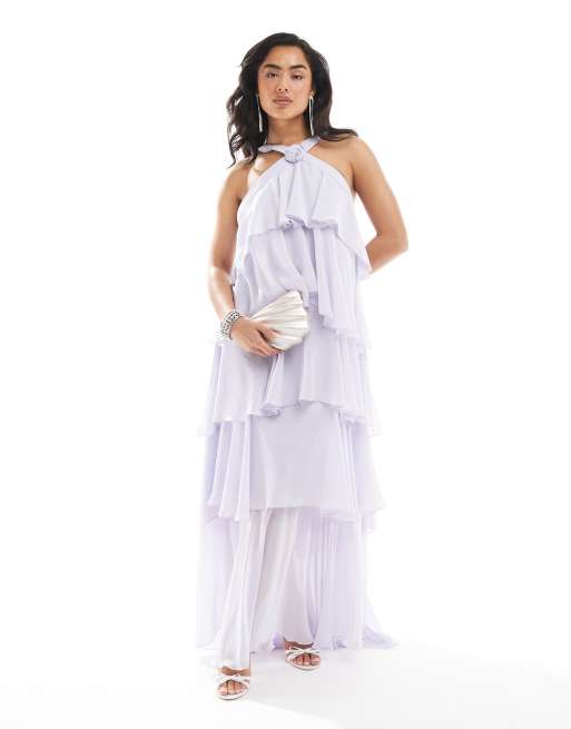Vero Moda Felicia halter neck tiered maxi dress with corsage detail in lilac