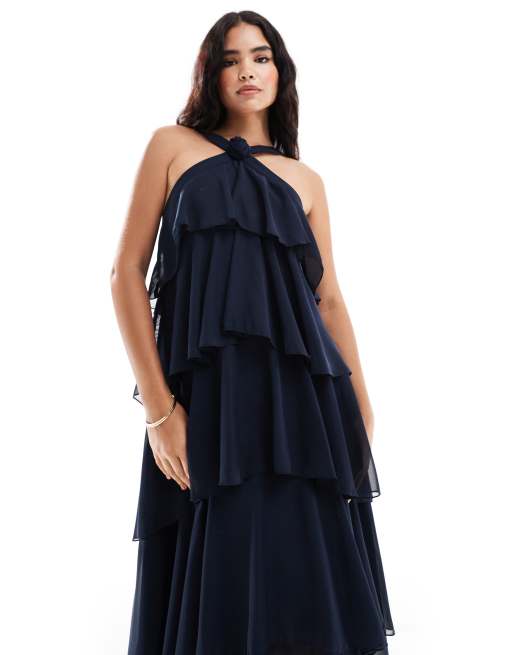 Vero Moda Felicia halter neck tiered maxi dress with corsage detail in navy blue, 4 of 4