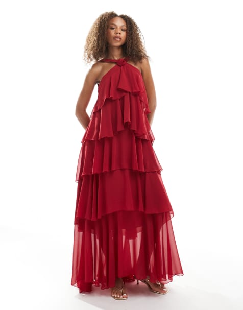 Vero Moda Felicia halter neck tiered maxi dress with corsage detail in red - view 1