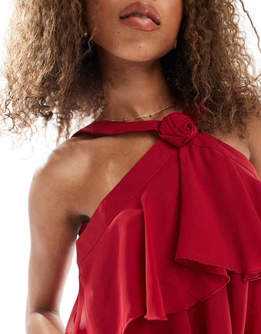 Vero Moda Felicia halter neck tiered maxi dress with corsage detail in red