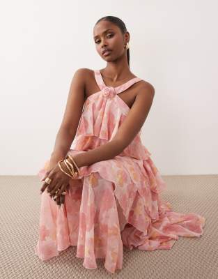Vero Moda Felicia Halterneck Tiered Maxi Dress With Corsage Detail In Pink