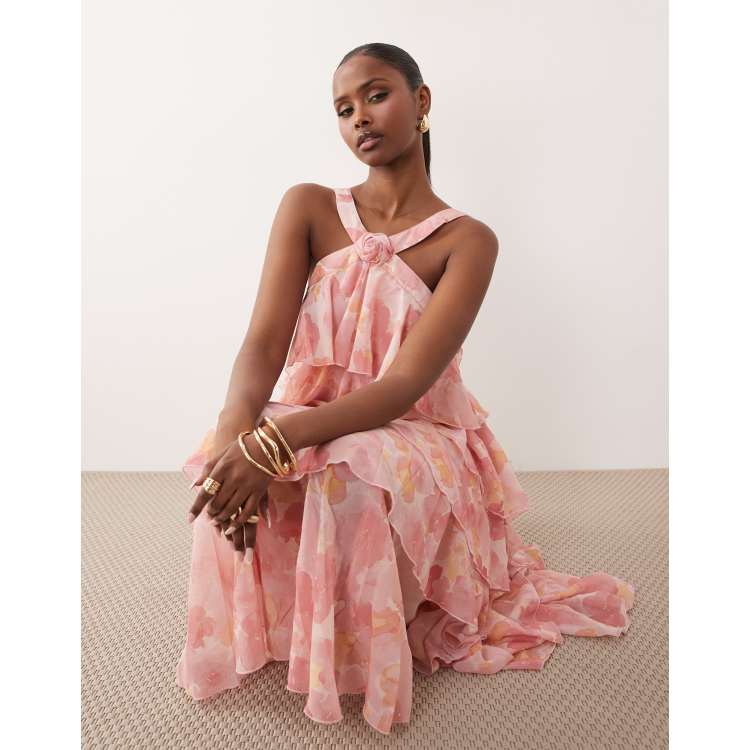 herlipto Tiered Floral Pleated Dress ピンク Vero Moda Felicia halterneck tiered maxi dress with corsage detail