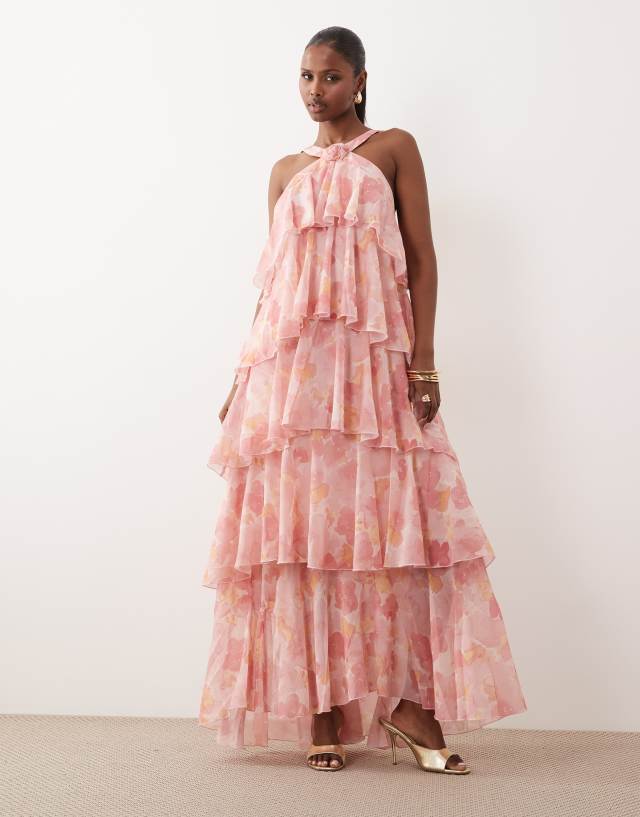 Vero Moda Felicia halterneck tiered maxi dress with corsage detail