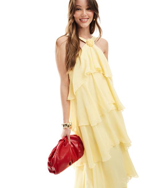 Vero Moda - Felicia - Robe longue dos nu à volants étagés et grosse fleur - Jaune