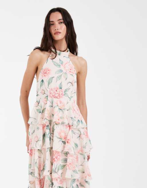 Vero Moda – Felicia – Krämvit, rosmönstrad, panelsydd maxiklänning med halterneck, 2 av 4