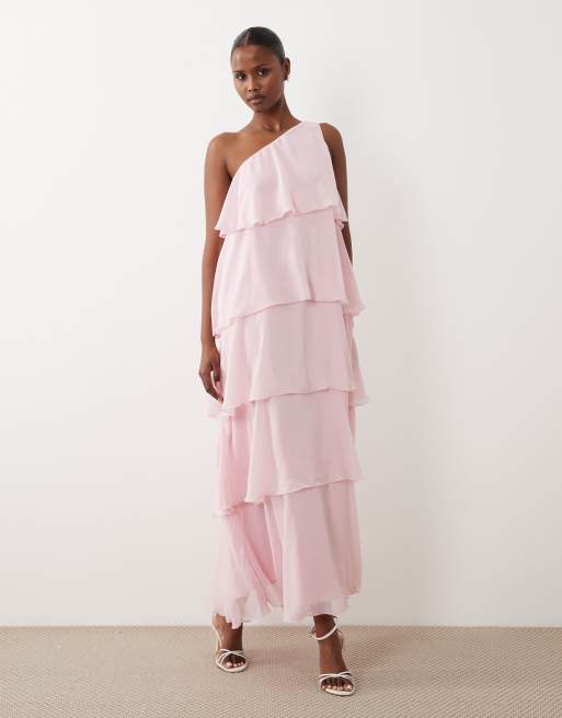 Vero Moda - Felicia - Lyserød lagdelt oneshoulder-maxikjole med corsage-detalje, 3 af 4