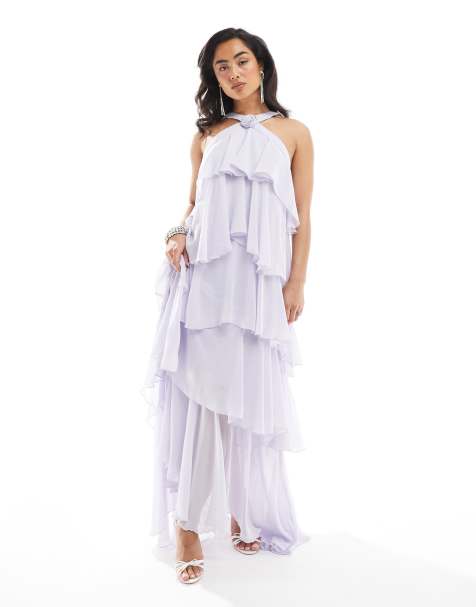 Vero Moda - Felicia - Lyslilla lagdelt maxikjole med halterneck og corsage-detalje - view 1