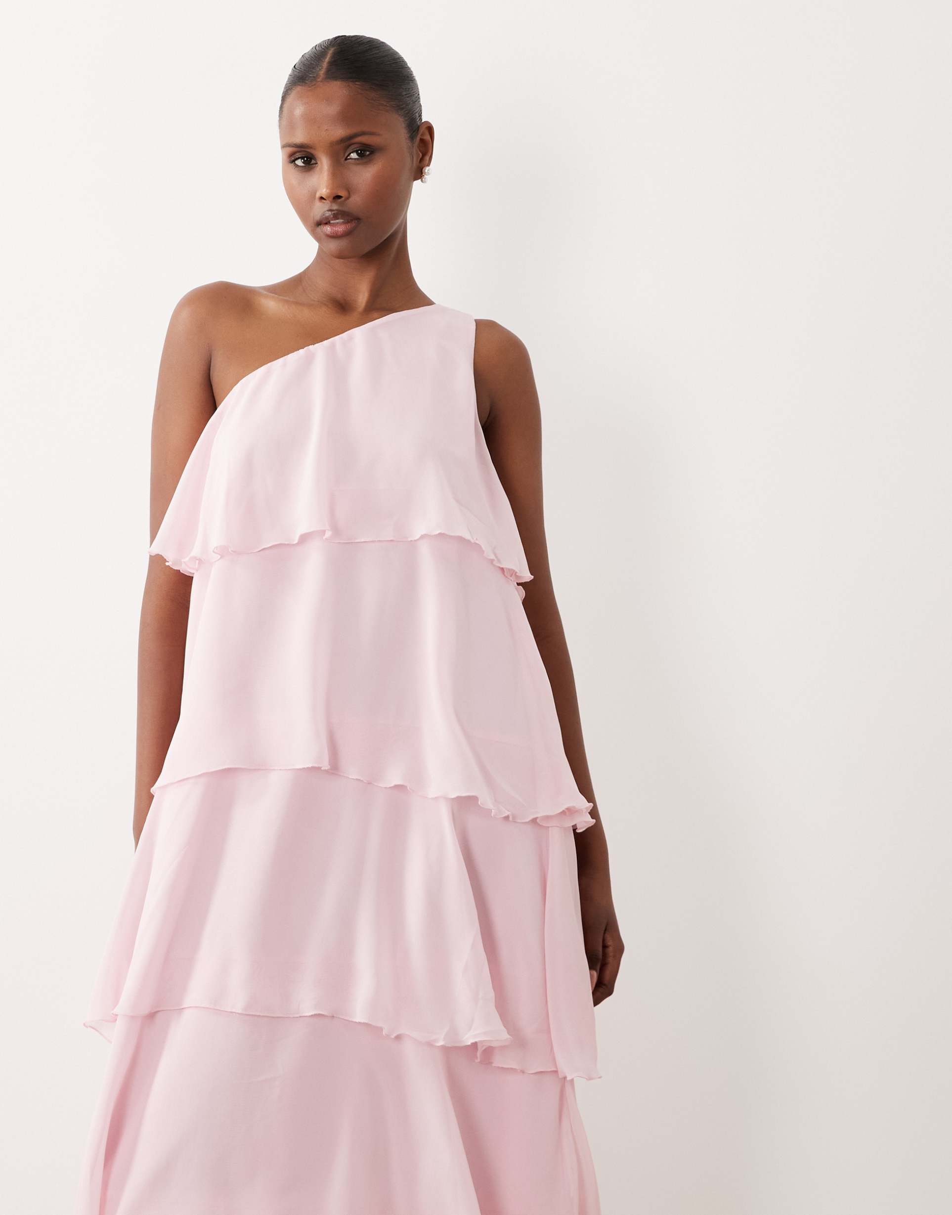 vero moda felicia one shoulder tiered midaxi dress with corsage detail in light pink