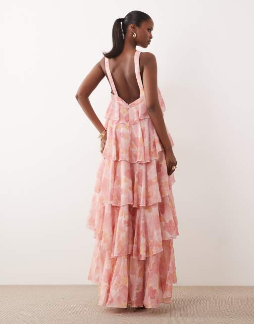 Vero Moda - Felicia - Robe longue à imprimé fleuri style aquarelle avec volants étagés et dos nu - Rose, 4 de 4