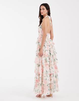Felicia - Robe longue dos nu à volants étagés et imprimé roses - Crème-Blanc XL