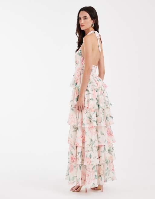 Vero Moda - Felicia - Robe longue dos nu à volants étagés et imprimé roses - Crème, 1 de 4