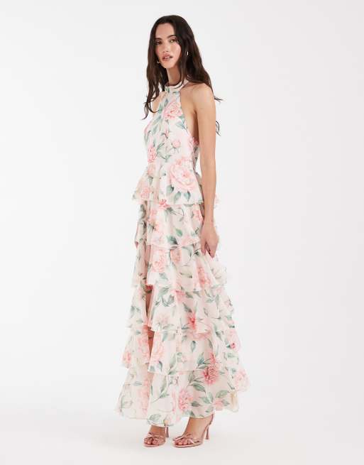 Vero Moda - Felicia - Robe longue dos nu à volants étagés et imprimé roses - Crème, 4 de 4