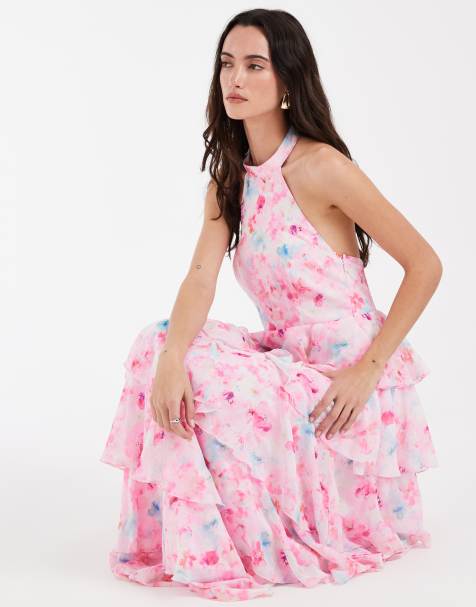 Vero Moda - Felicia - Vestito lungo allacciato al collo a balze rosa e blu a fiori - view 1