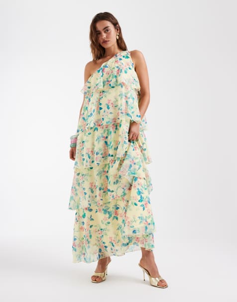 Vero Moda - Felicia - Vestito lungo monospalla a balze giallo con stampa a fiori e decorazione floreale - view 1