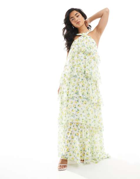 Vero Moda Felicia halter neck tiered maxi dress with corsage detail in lemon print