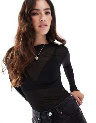 Vero Moda Fine Jersey Long Sleeve Lettuce Edge Top In Black