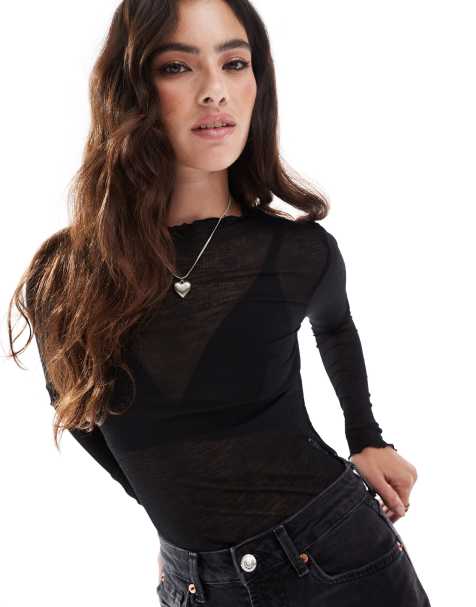 Vero Moda fine jersey long sleeve lettuce edge top in black - view 1