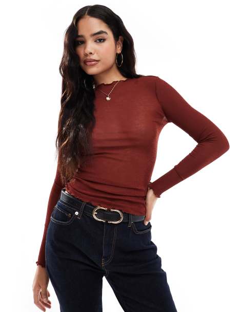 Vero Moda fine jersey long sleeve lettuce edge top in brick - view 1