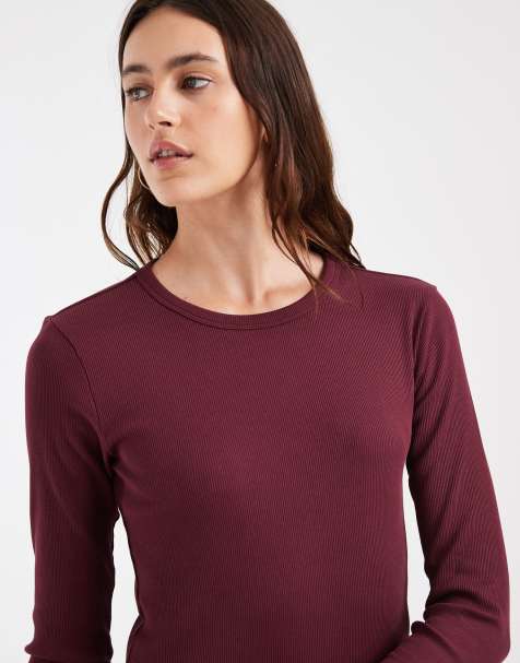 Vero Moda fine rib long sleeved top in burgundy - view 1