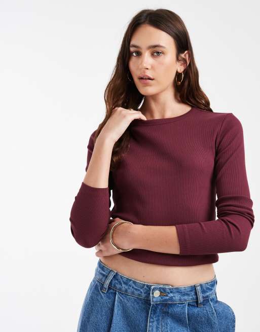 Vero Moda fine rib long sleeved top in burgundy, 3 of 4